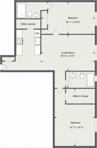 Floor plan for 2 beds, 2 baths, 1250 sqft